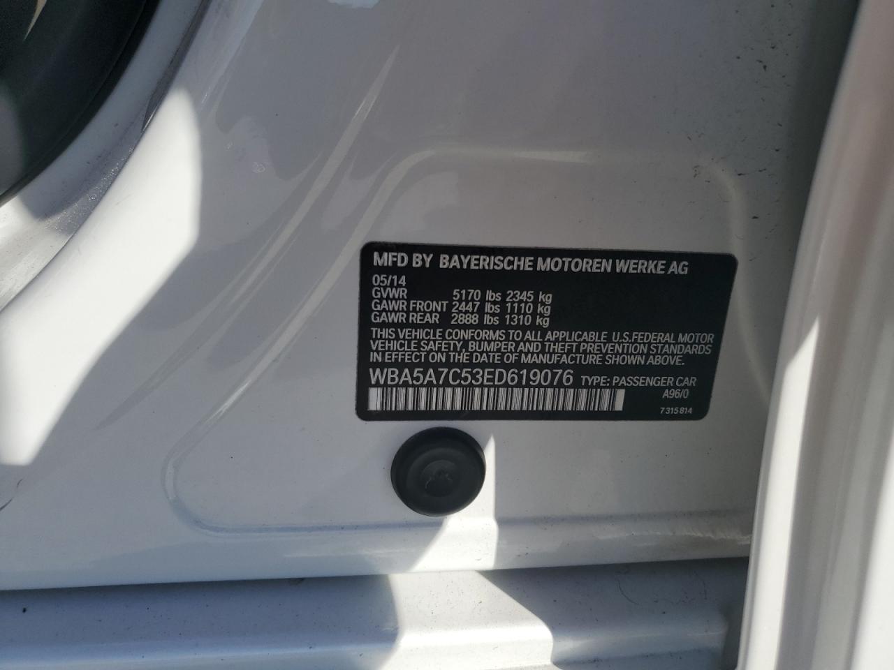 2014 BMW 528 Xi VIN: WBA5A7C53ED619076 Lot: 69782815