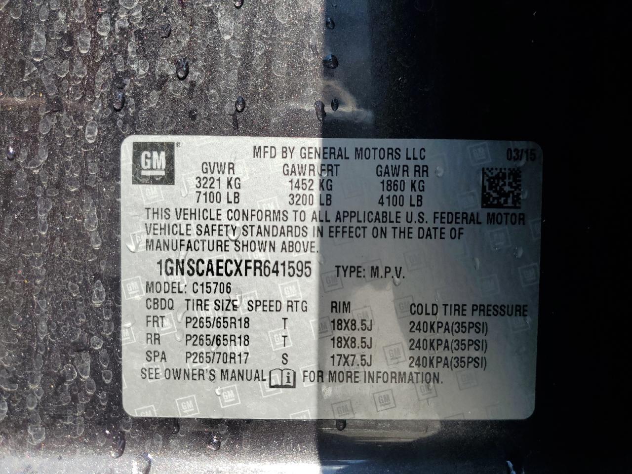 2015 Chevrolet Tahoe C1500 Ls VIN: 1GNSCAECXFR641595 Lot: 68126805