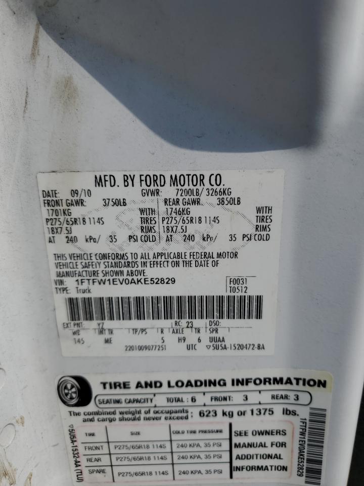 2010 Ford F150 Supercrew VIN: 1FTFW1EV0AKE52829 Lot: 68656415