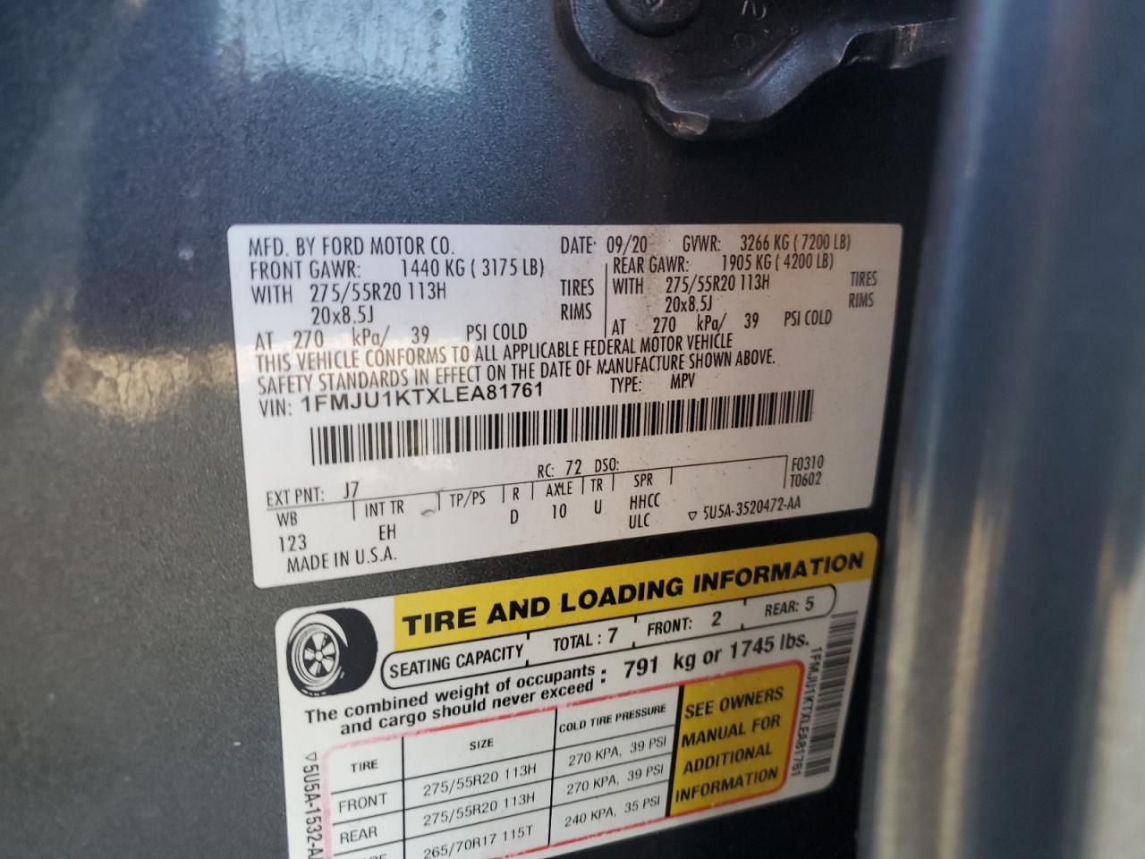 2020 Ford Expedition Limited VIN: 1FMJU1KTXLEA81761 Lot: 70489515