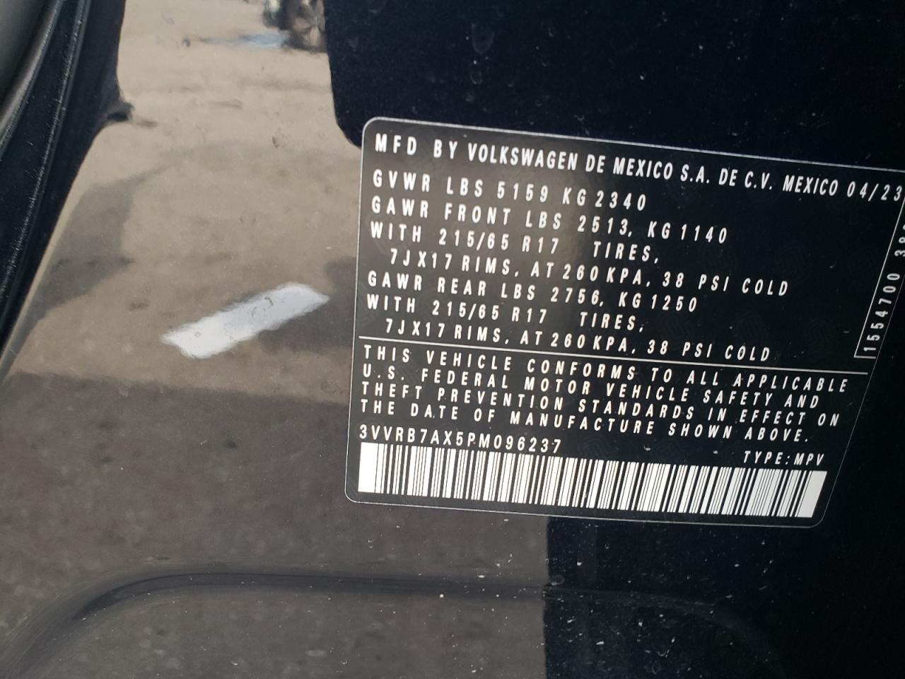 2023 Volkswagen Tiguan S VIN: 3VVRB7AX5PM096237 Lot: 68789685