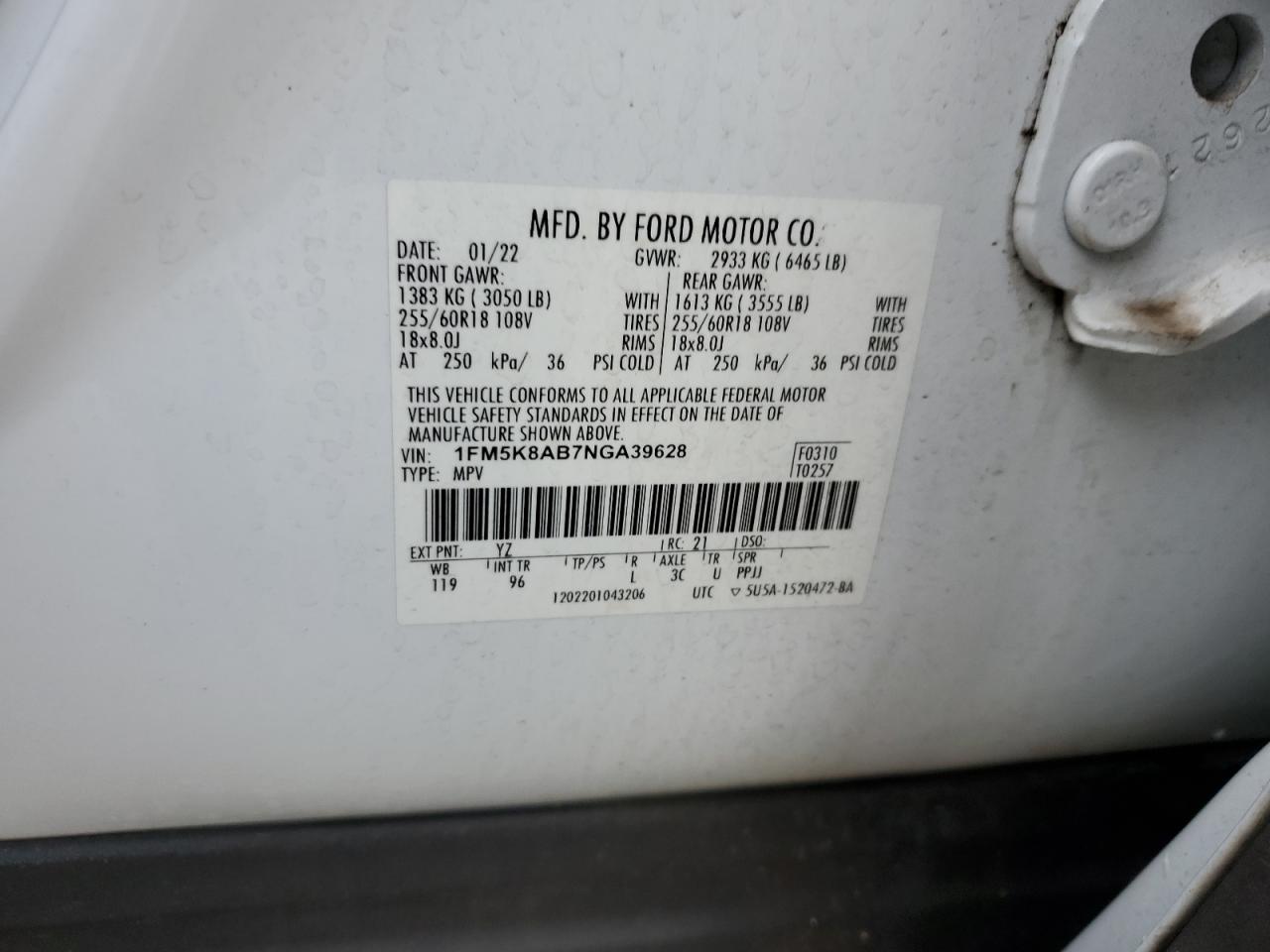 2022 Ford Explorer Police Interceptor VIN: 1FM5K8AB7NGA39628 Lot: 70146185