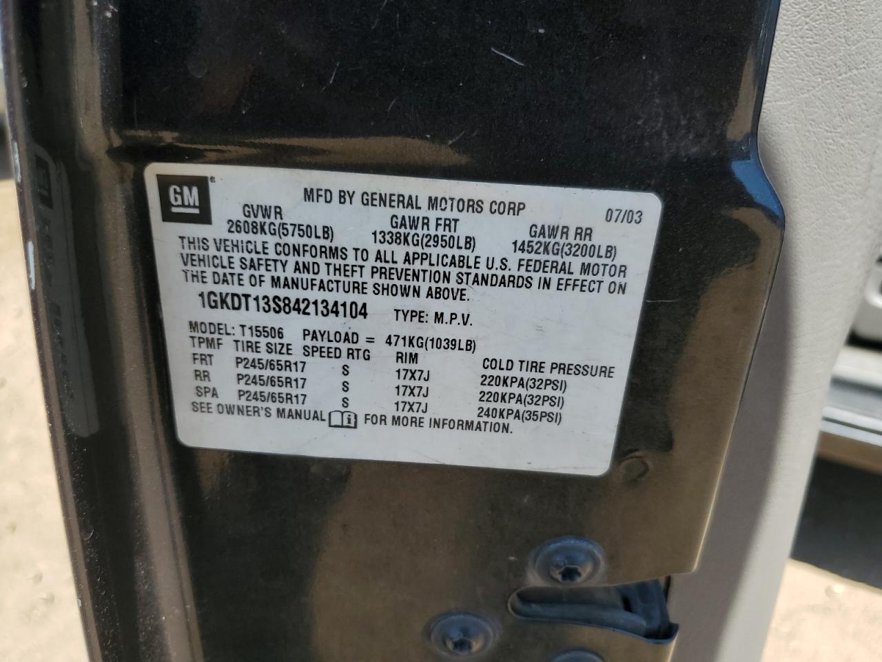 2004 GMC Envoy VIN: 1GKDT13S842134104 Lot: 68589425