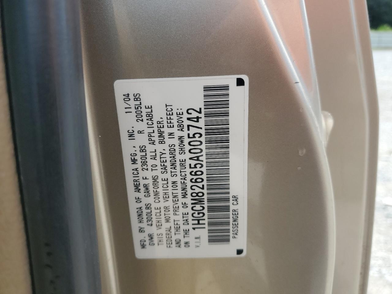 2005 Honda Accord Ex VIN: 1HGCM82665A005742 Lot: 68895895