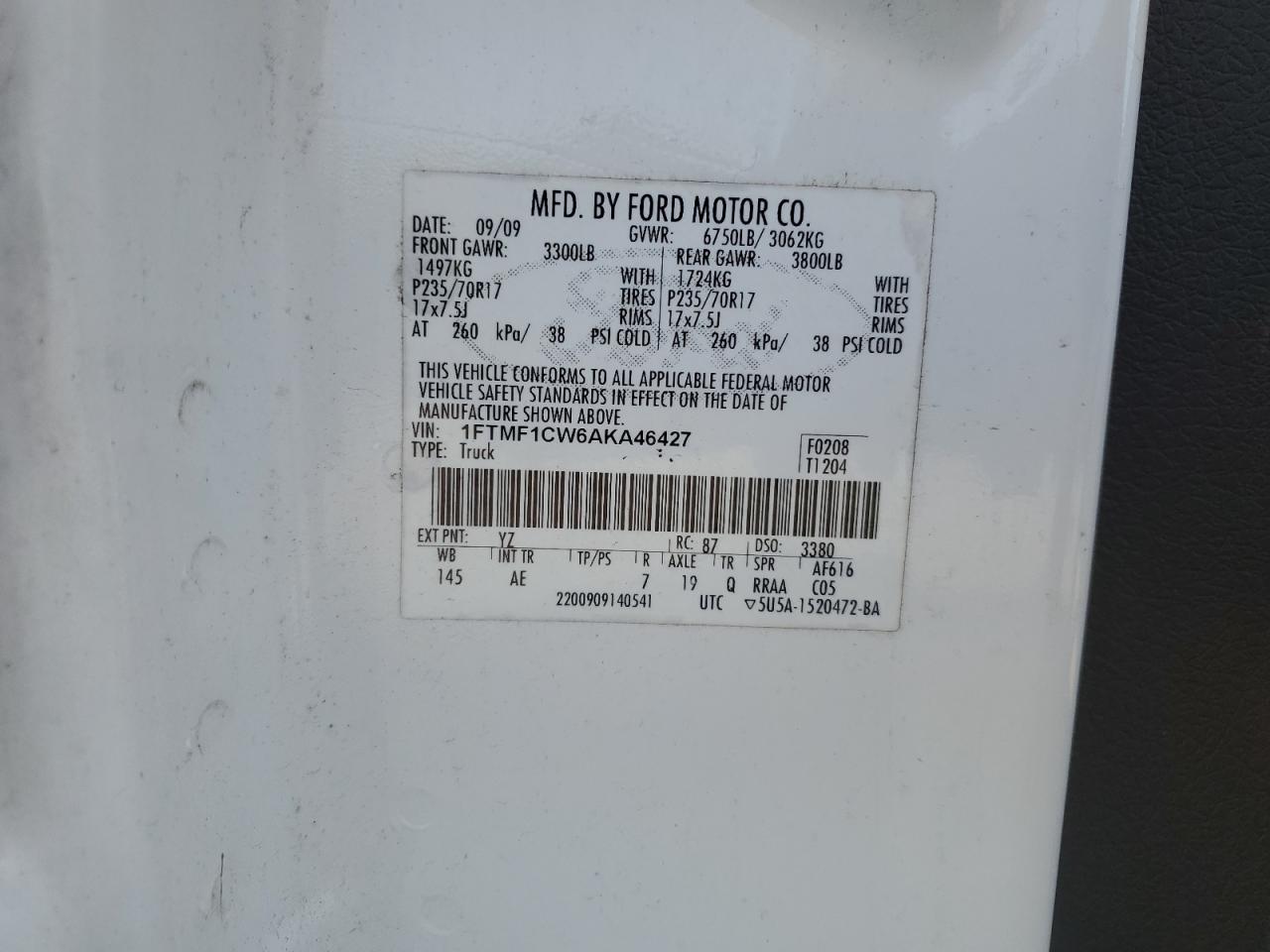 2010 Ford F150 VIN: 1FTMF1CW6AKA6427 Lot: 69016095