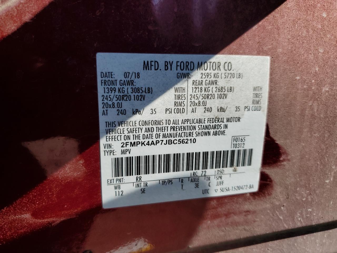 2018 Ford Edge Sport VIN: 2FMPK4AP7JBC56210 Lot: 70808105