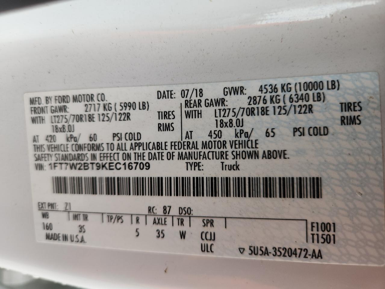 2019 Ford F250 Super Duty VIN: 1FT7W2BT9KEC16709 Lot: 70709375