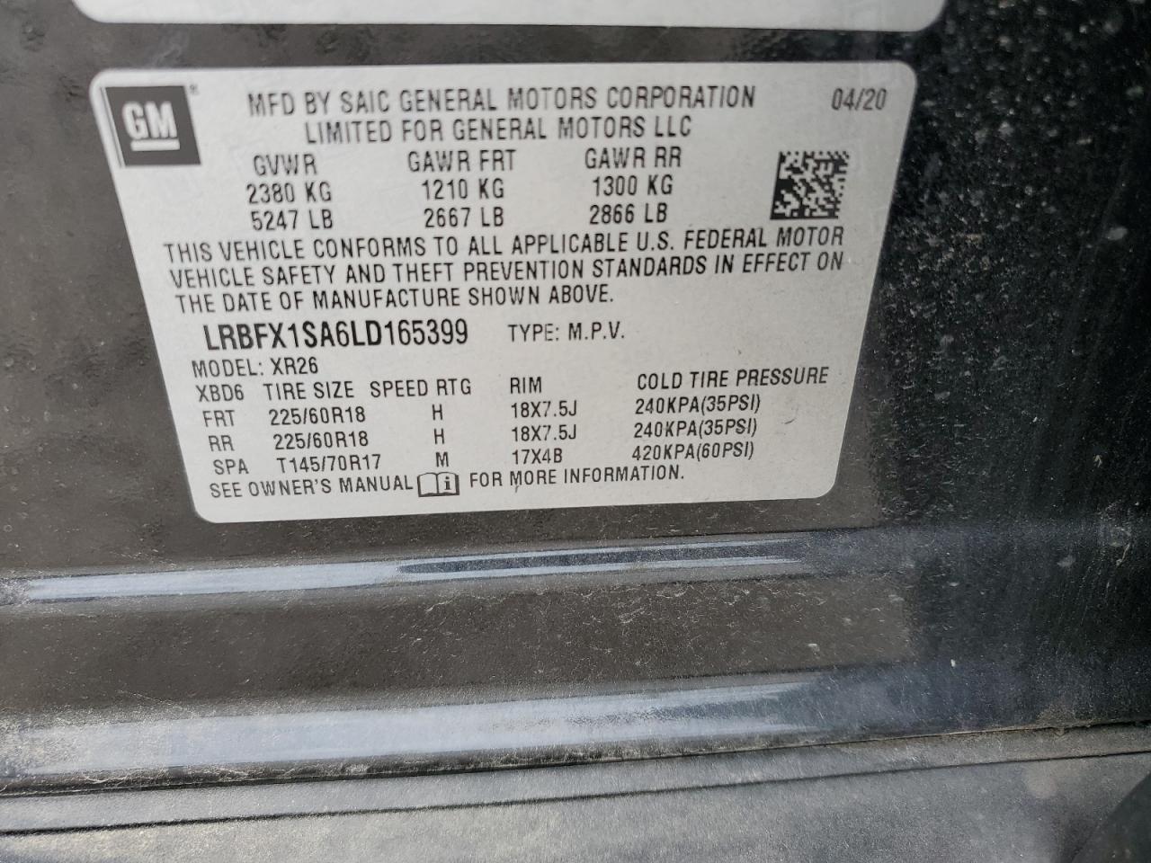 2020 Buick Envision Preferred VIN: LRBFX1SA6LD165399 Lot: 68616725