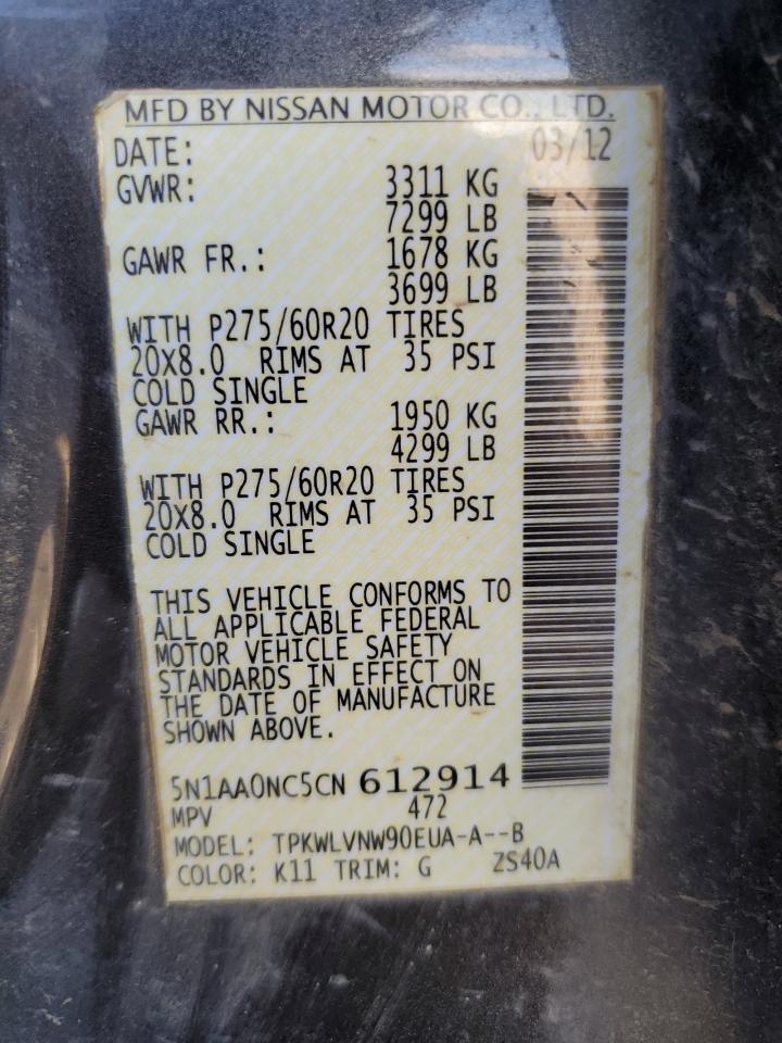 2012 Nissan Armada Sv VIN: 5N1AA0NC5CN612914 Lot: 70218555