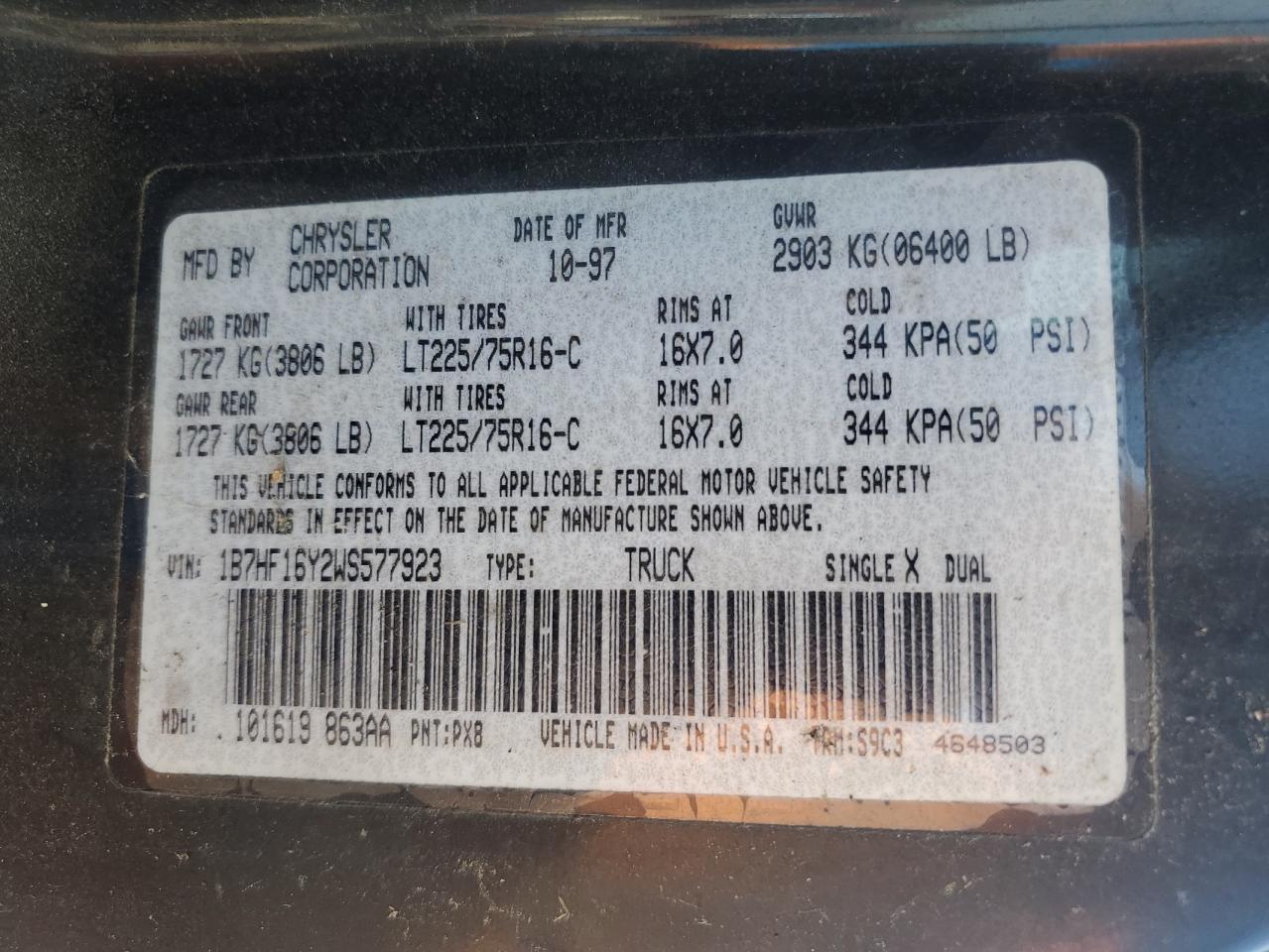 1998 Dodge Ram 1500 VIN: 1B7HF16Y2WS577923 Lot: 67905705