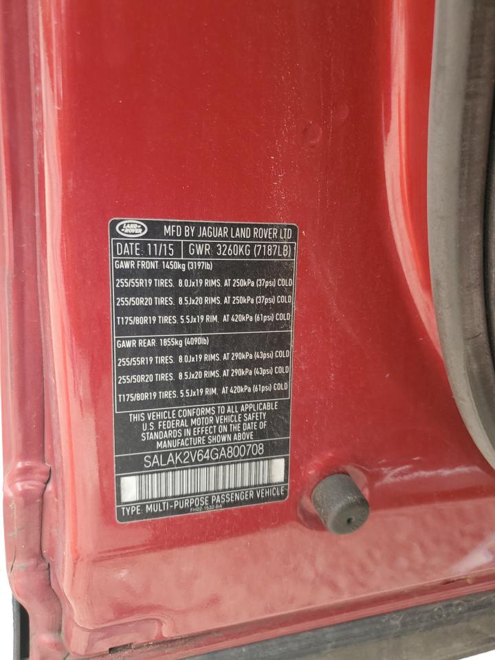 2016 Land Rover Lr4 Hse Luxury VIN: SALAK2V64GA800708 Lot: 70035905