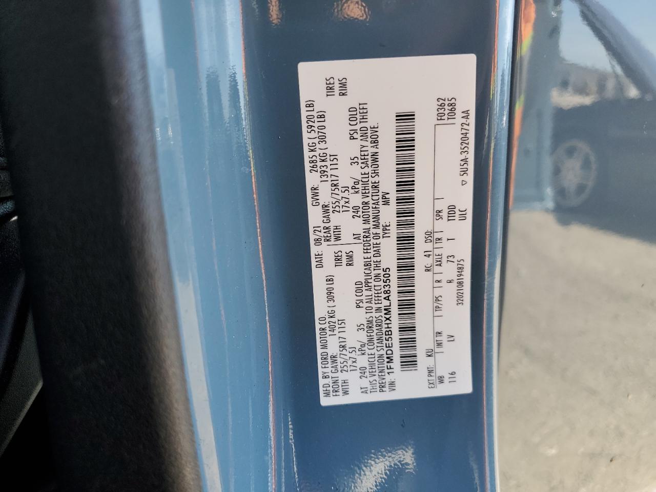 2021 Ford Bronco Base VIN: 1FMDE5BHXMLA83505 Lot: 70919235