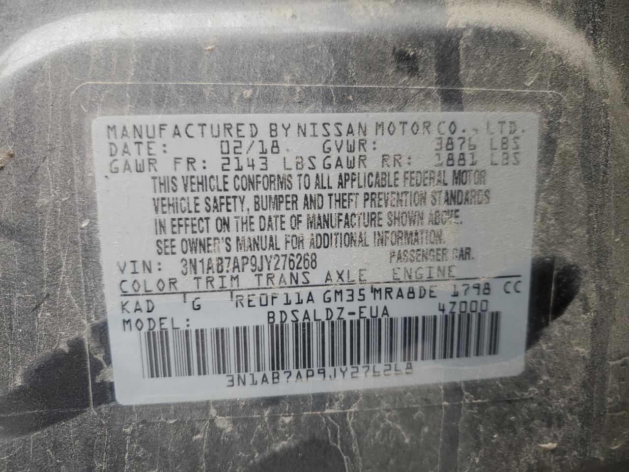 2018 Nissan Sentra S VIN: 3N1AB7AP9JY276268 Lot: 69749495