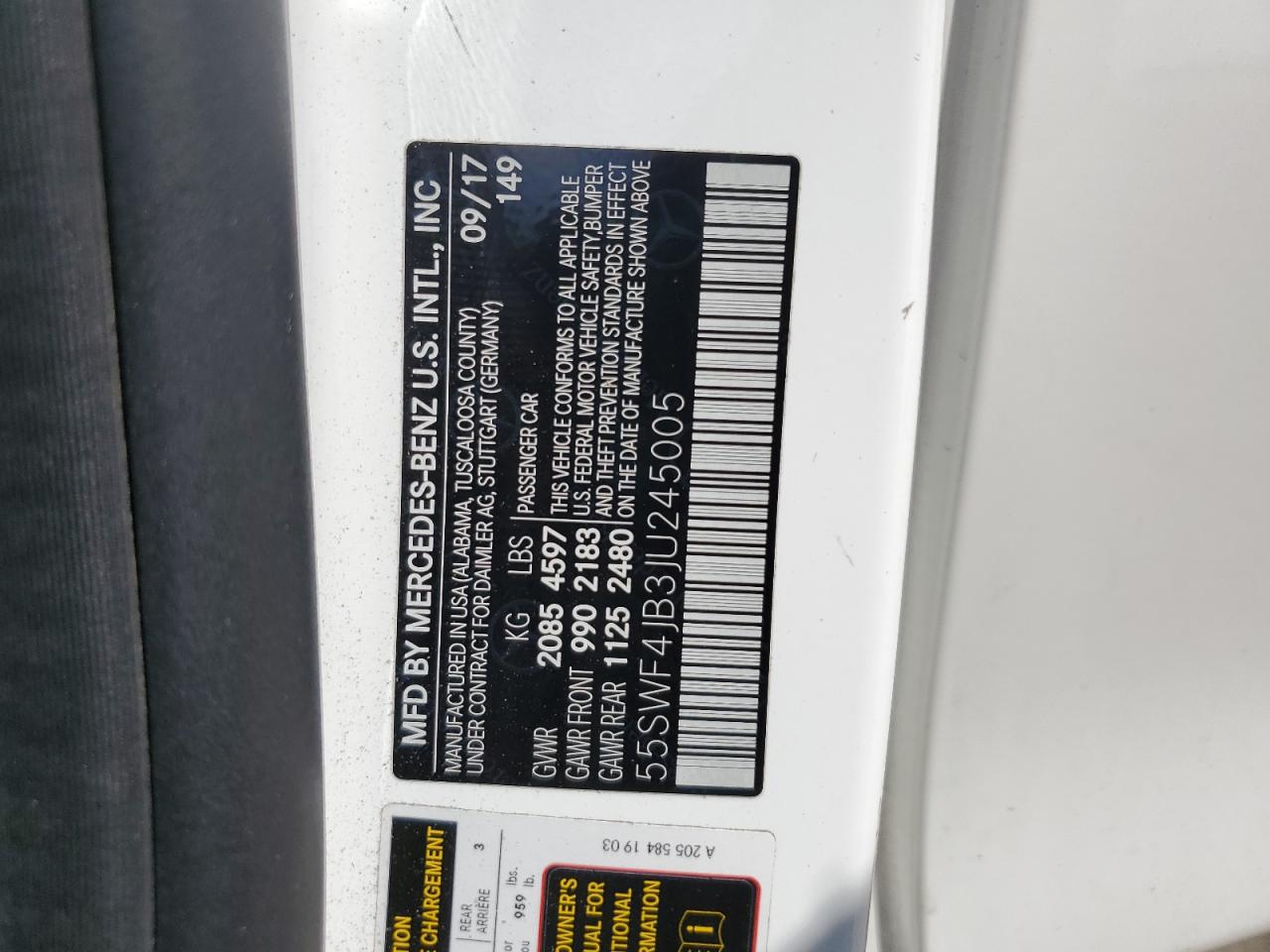 2018 Mercedes-Benz C 300 VIN: 55SWF4JB3JU245005 Lot: 69298125