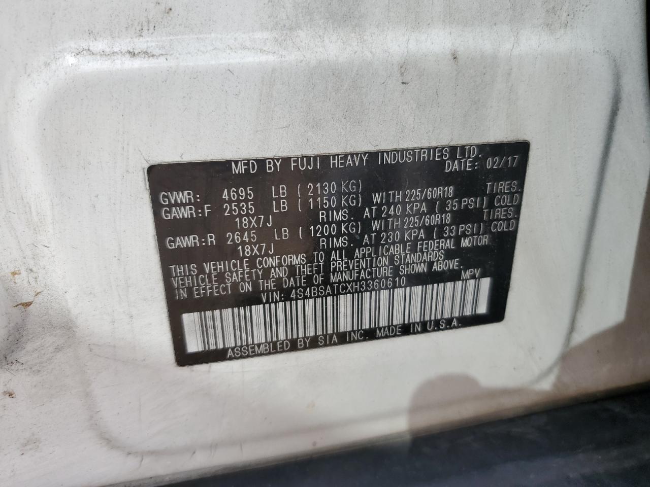 2017 Subaru Outback Touring VIN: 4S4BSATCXH3360610 Lot: 68643825