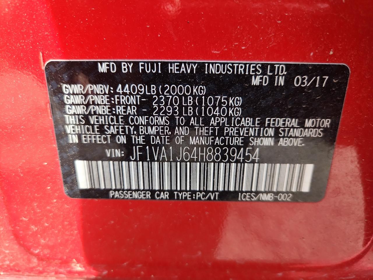 2017 Subaru Wrx Limited VIN: JF1VA1J64H8839454 Lot: 70905065