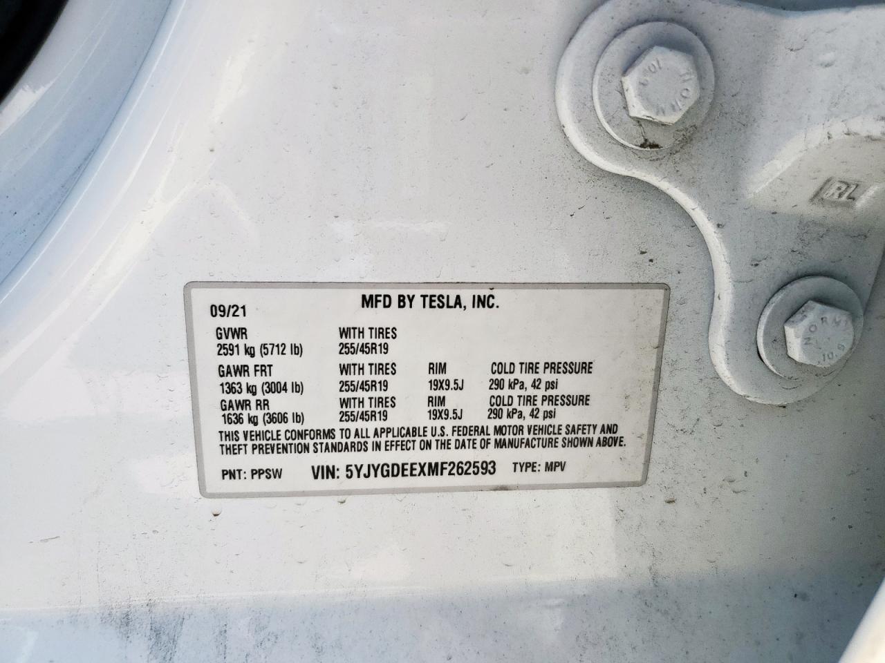 2021 Tesla Model Y VIN: 5YJYGDEEXMF262593 Lot: 69035585