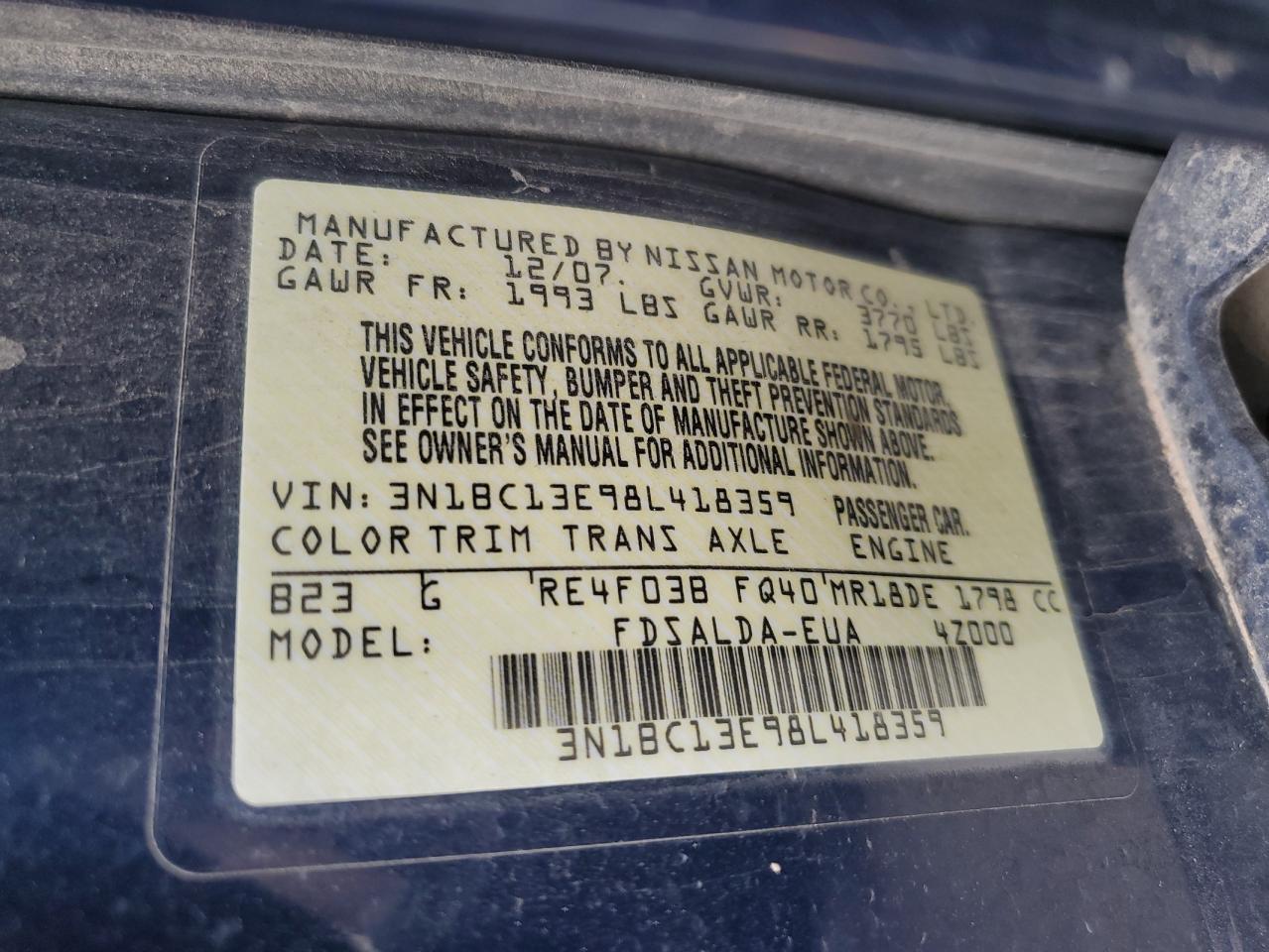 2008 Nissan Versa S VIN: 3N1BC13E98L418359 Lot: 70293915