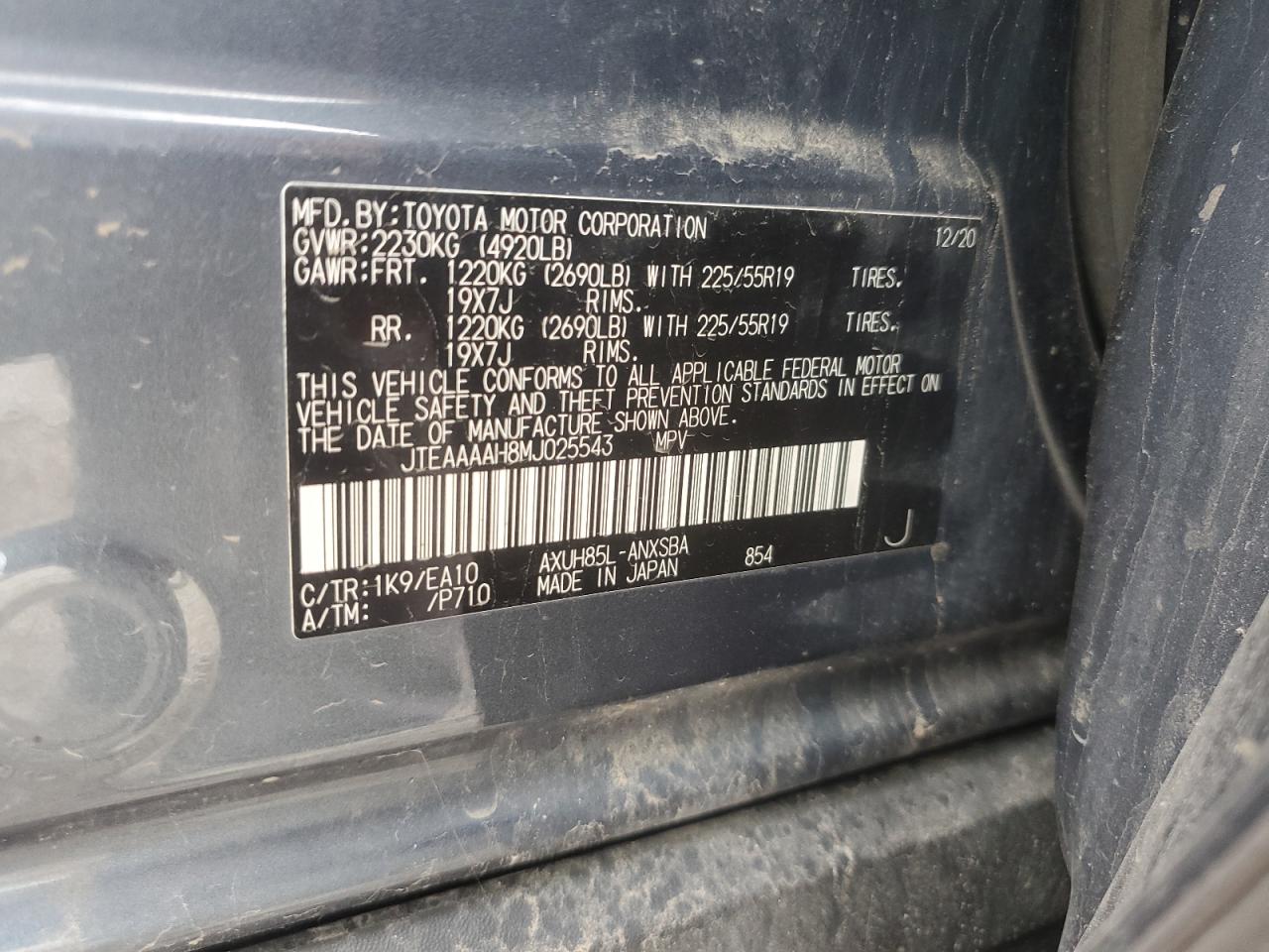 2021 Toyota Venza Le VIN: JTEAAAAH8MJ025543 Lot: 68030725