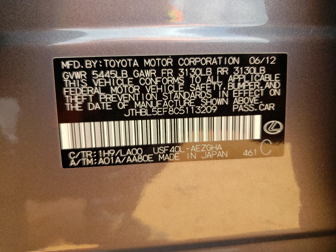 2012 Lexus Ls 460 VIN: JTHBL5EF8C5113209 Lot: 69187125