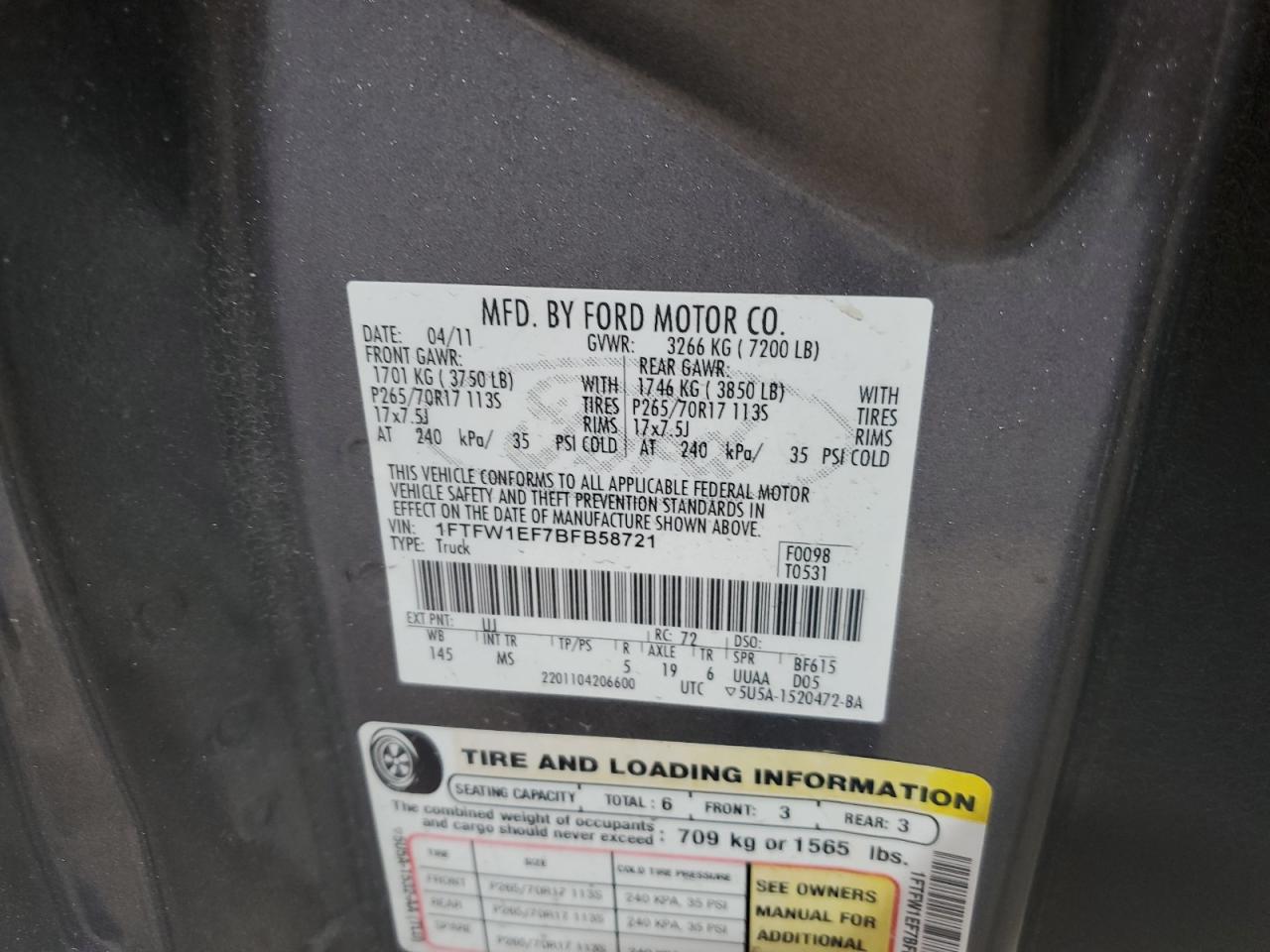 2011 Ford F150 Supercrew VIN: 1FTFW1EF7BFB58721 Lot: 69395465