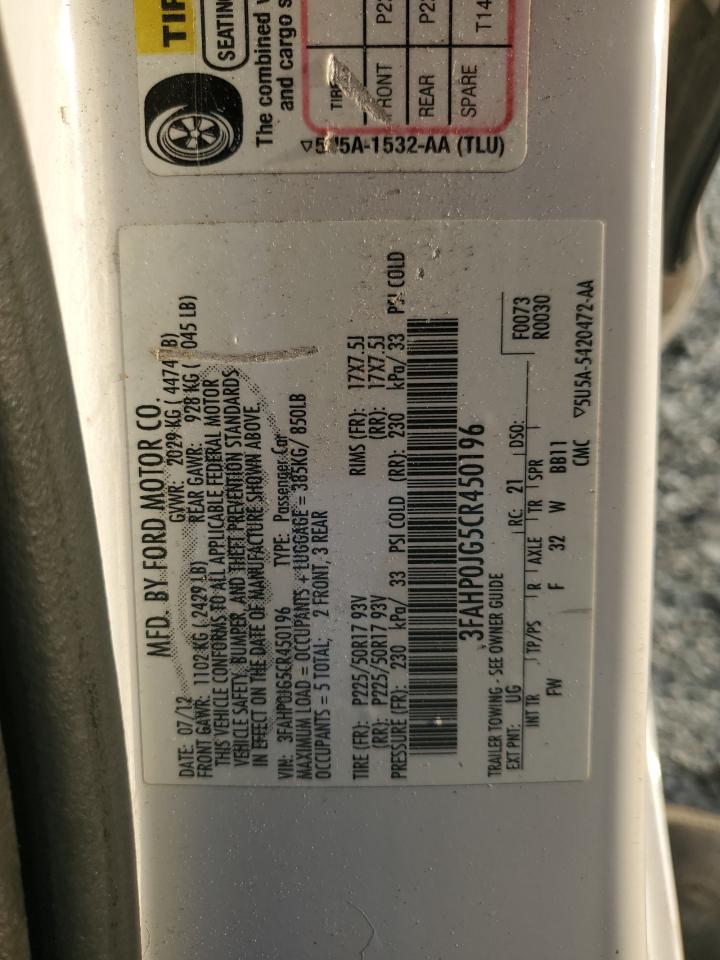 2012 Ford Fusion Sel VIN: 3FAHP0JG5CR450196 Lot: 69257605