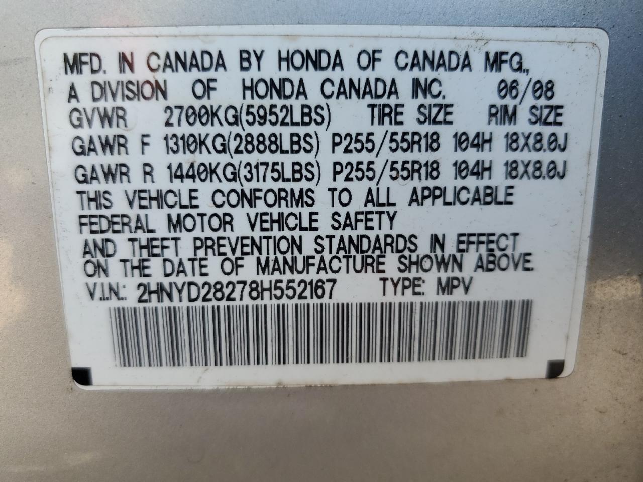 2008 Acura Mdx VIN: 2HNYD28278H552167 Lot: 68334385