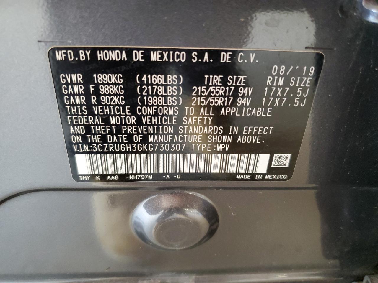 2019 Honda Hr-V Lx VIN: 3CZRU6H36KG730307 Lot: 69043505