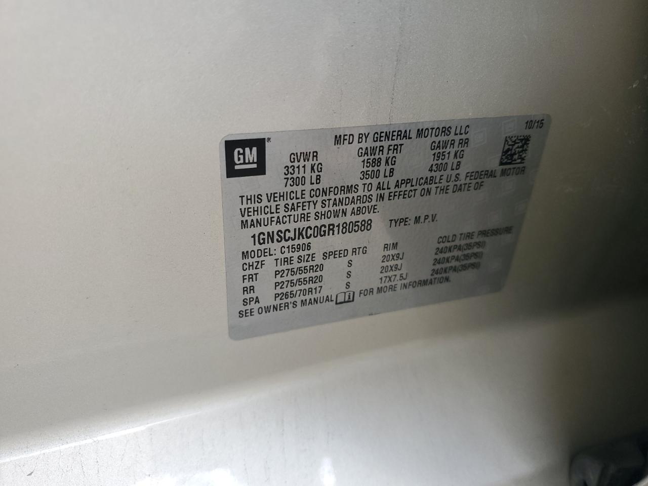 2016 Chevrolet Suburban C1500 Ltz VIN: 1GNSCJKC0GR180588 Lot: 68706205