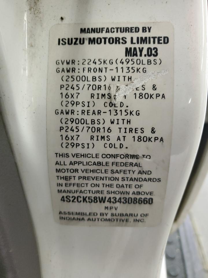 2003 Isuzu Rodeo S VIN: 4S2CK58W434308660 Lot: 65729235