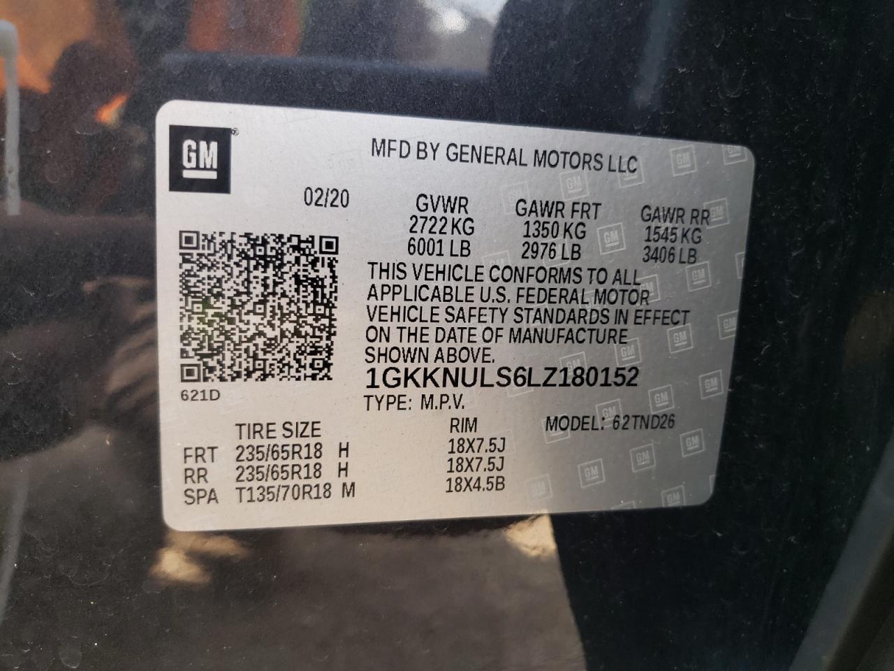 2020 GMC Acadia Slt VIN: 1GKKNULS6LZ180152 Lot: 67554075