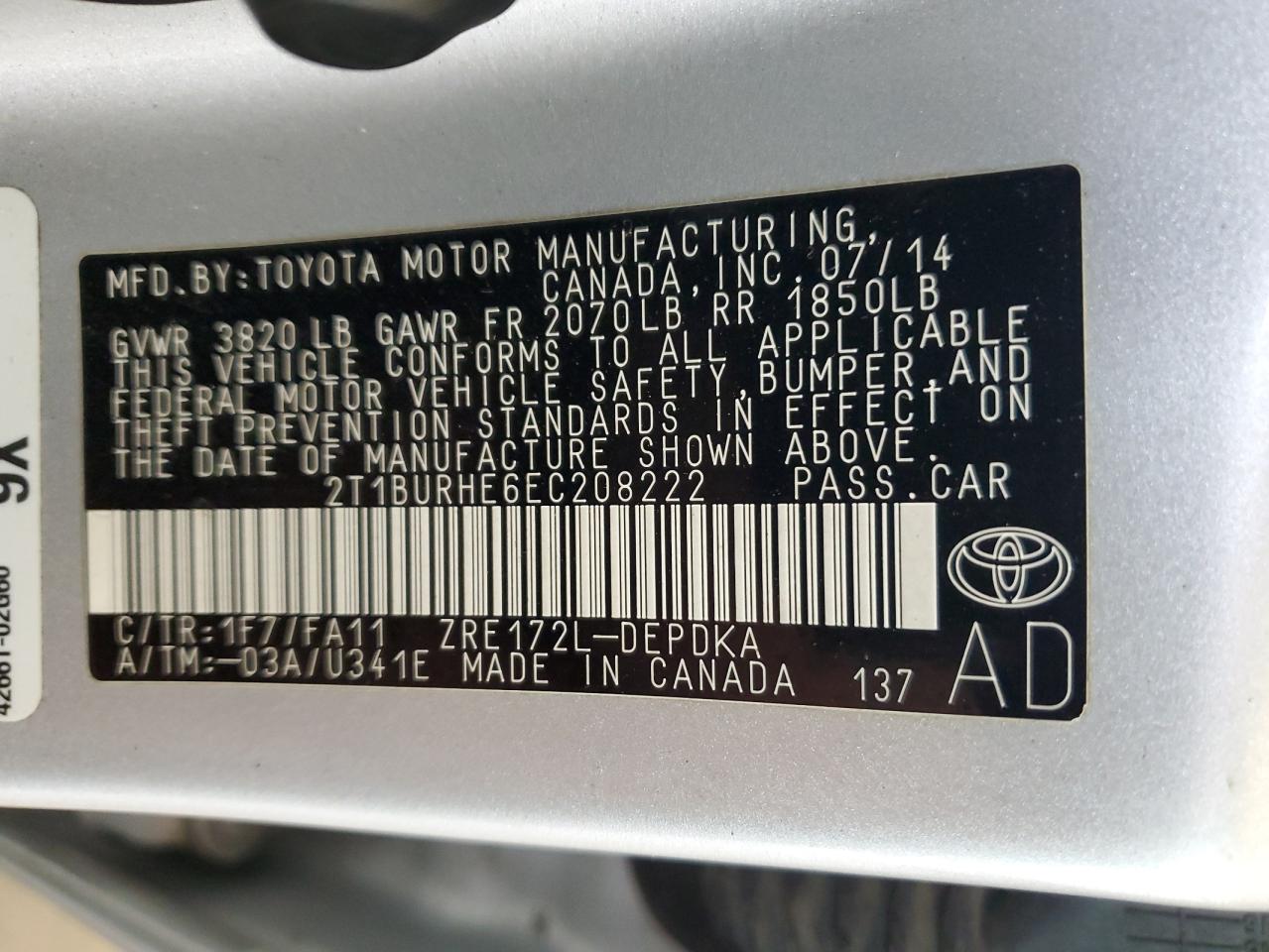 2014 Toyota Corolla L VIN: 2T1BURHE6EC208222 Lot: 69634755