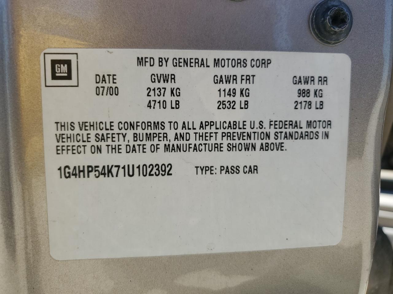 2001 Buick Lesabre Custom VIN: 1G4HP54K71U102392 Lot: 67147785