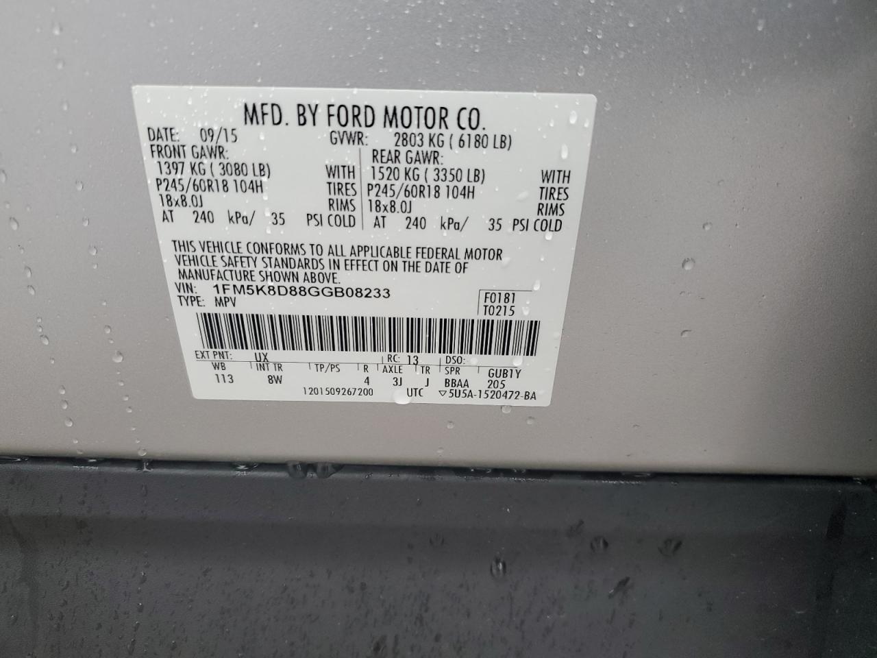 2016 Ford Explorer Xlt VIN: 1FM5K8D88GGB08233 Lot: 69618735