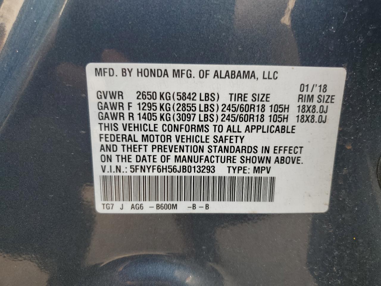 2018 Honda Pilot Exl VIN: 5FNYF6H56JB013293 Lot: 67672725