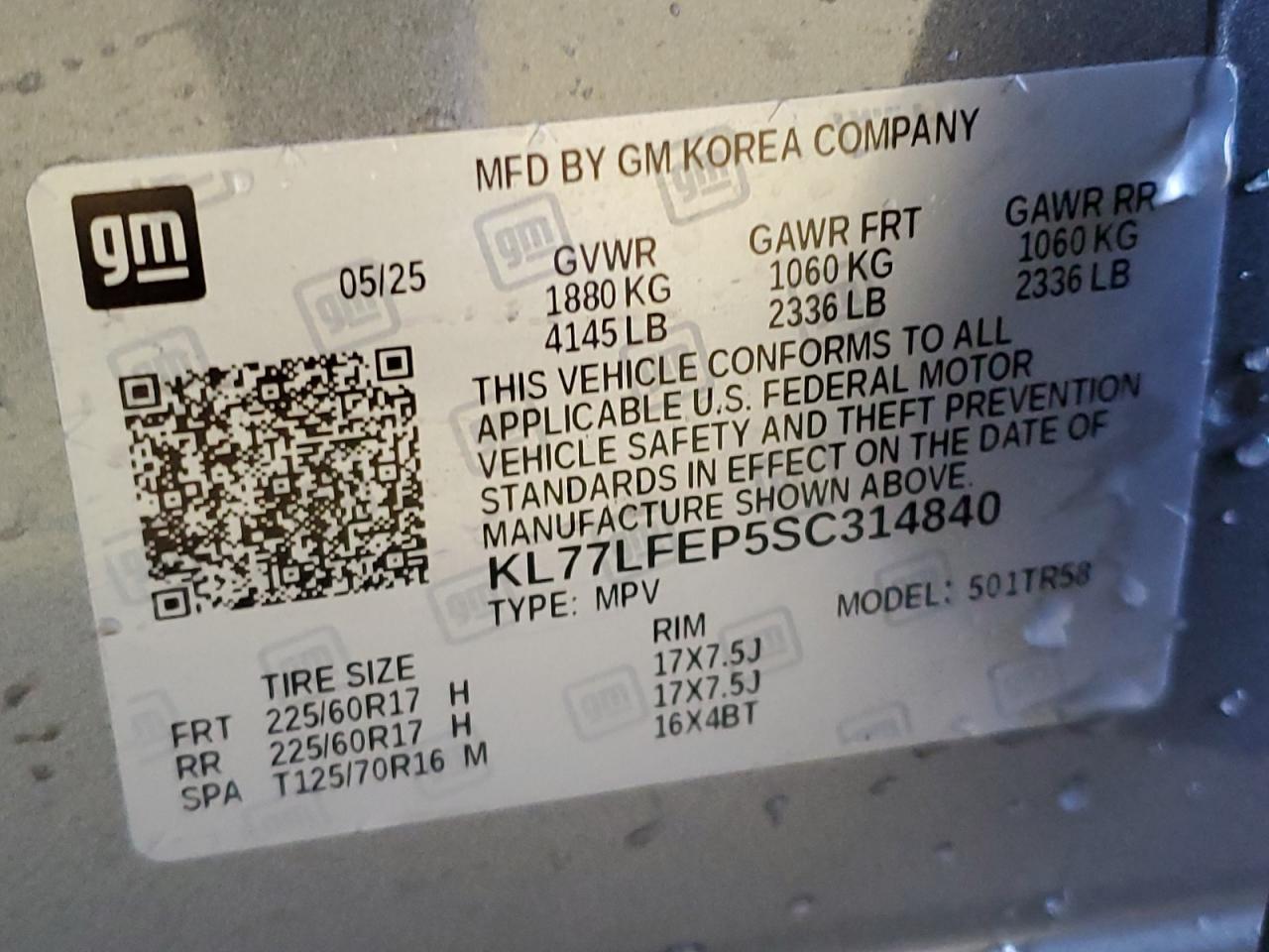 2025 Chevrolet Trax Ls VIN: KL77LFEP5SC314840 Lot: 70212635