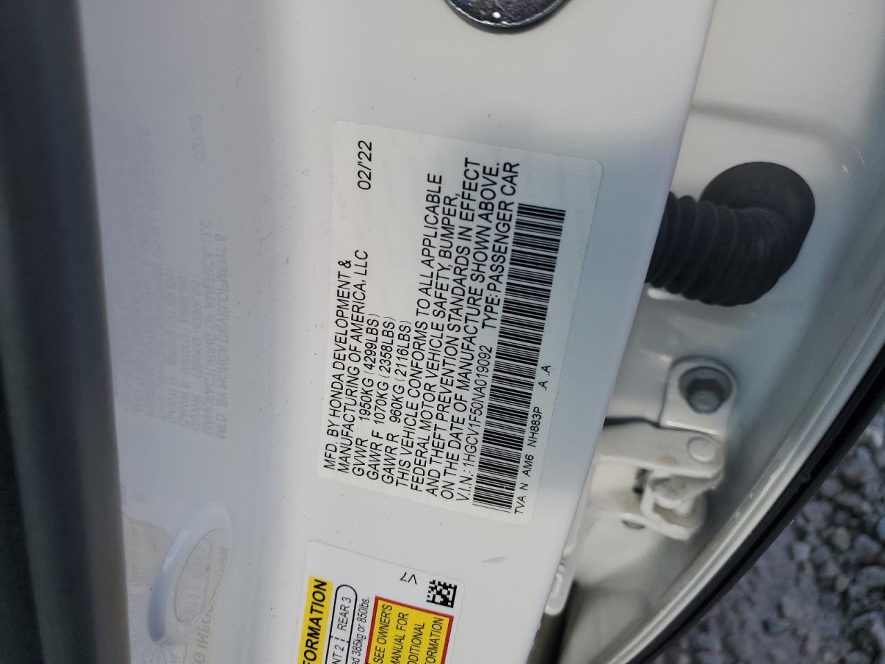 2022 Honda Accord Exl VIN: 1HGCV1F50NA019092 Lot: 68924645