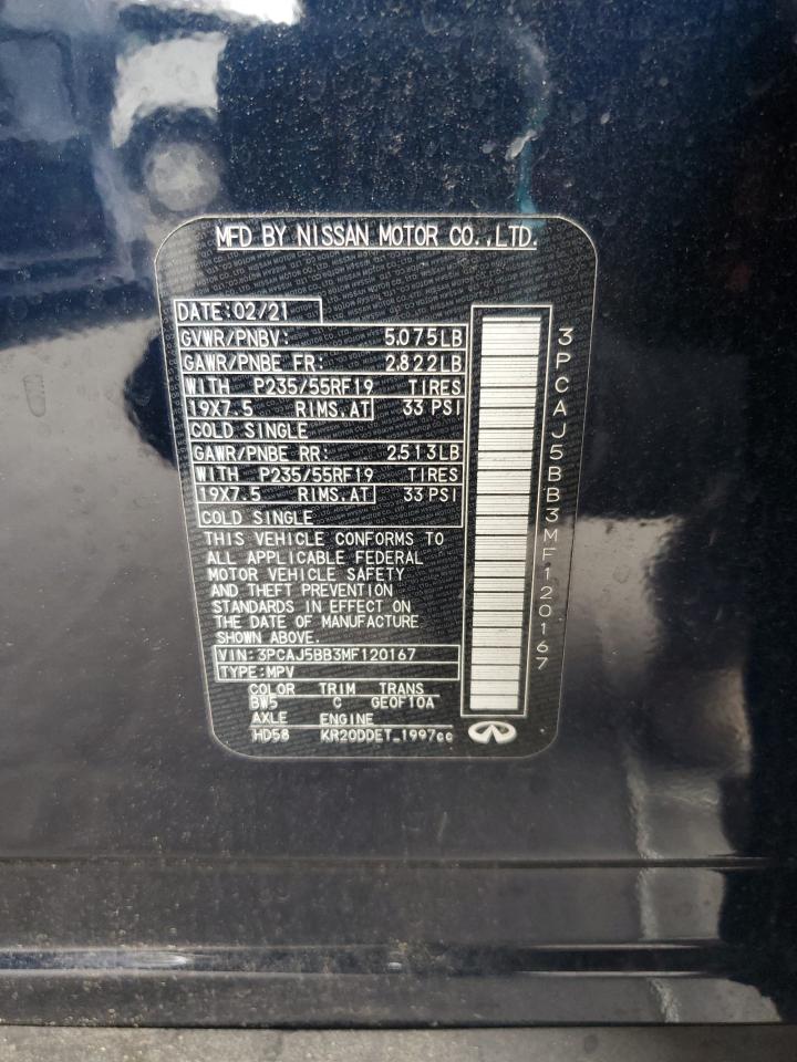 2021 Infiniti Qx50 Luxe VIN: 3PCAJ5BB3MF120167 Lot: 68836845