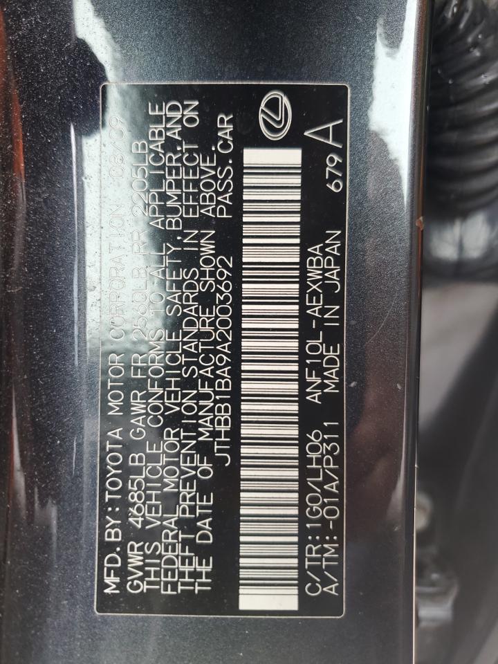 2010 Lexus Hs 250H VIN: JTHBB1BA9A2003692 Lot: 68869855