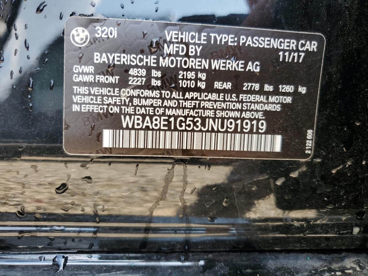 2018 BMW 320 I VIN: WBA8E1G53JNU91919 Lot: 69671905