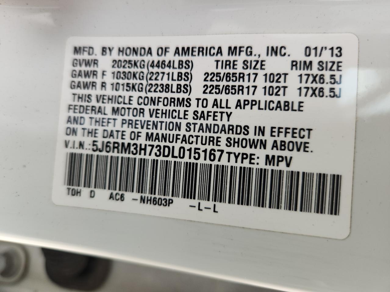 2013 Honda Cr-V Exl VIN: 5J6RM3H73DL015167 Lot: 70208825