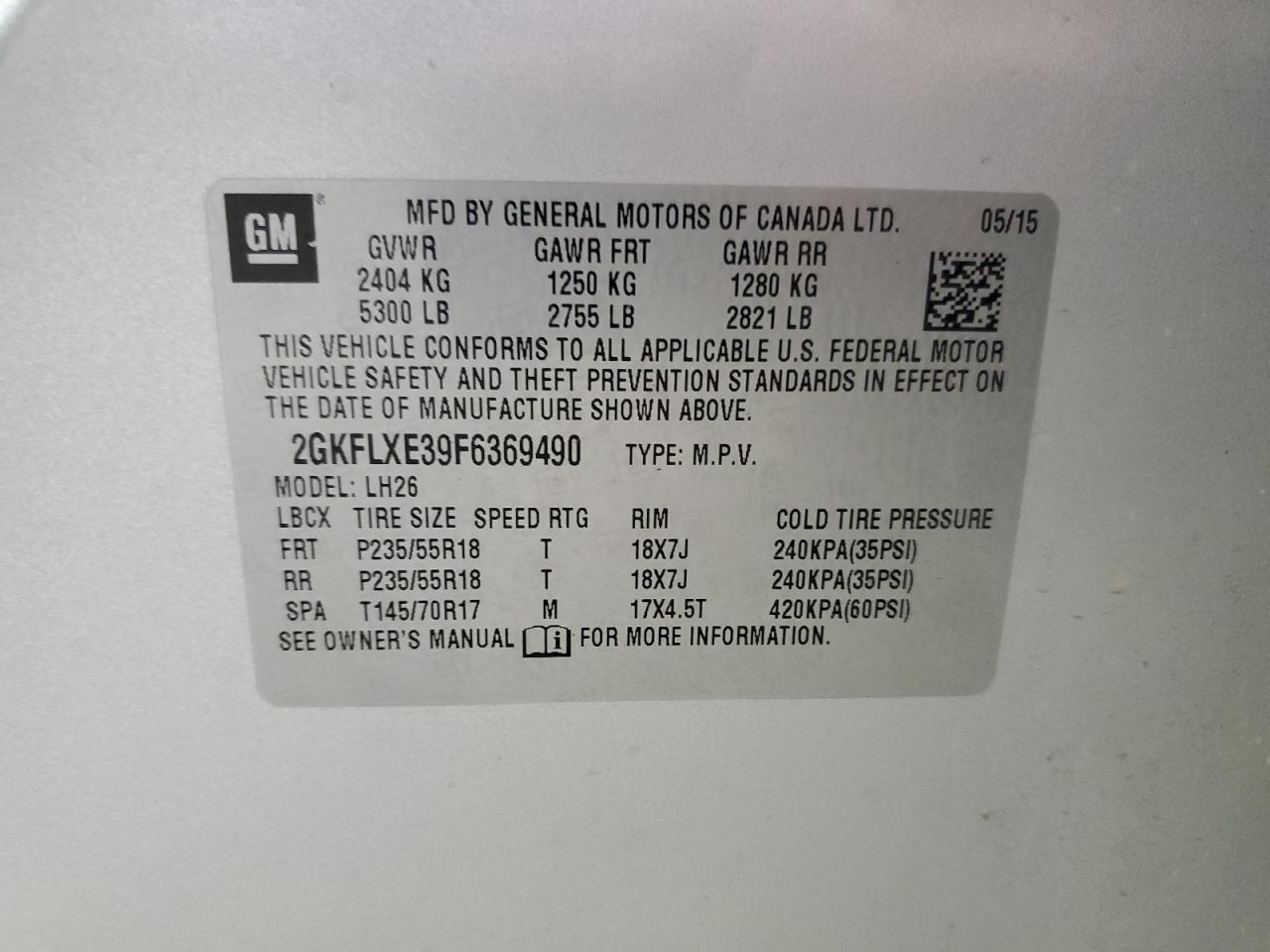 2015 GMC Terrain Slt VIN: 2GKFLXE39F6369490 Lot: 67936515