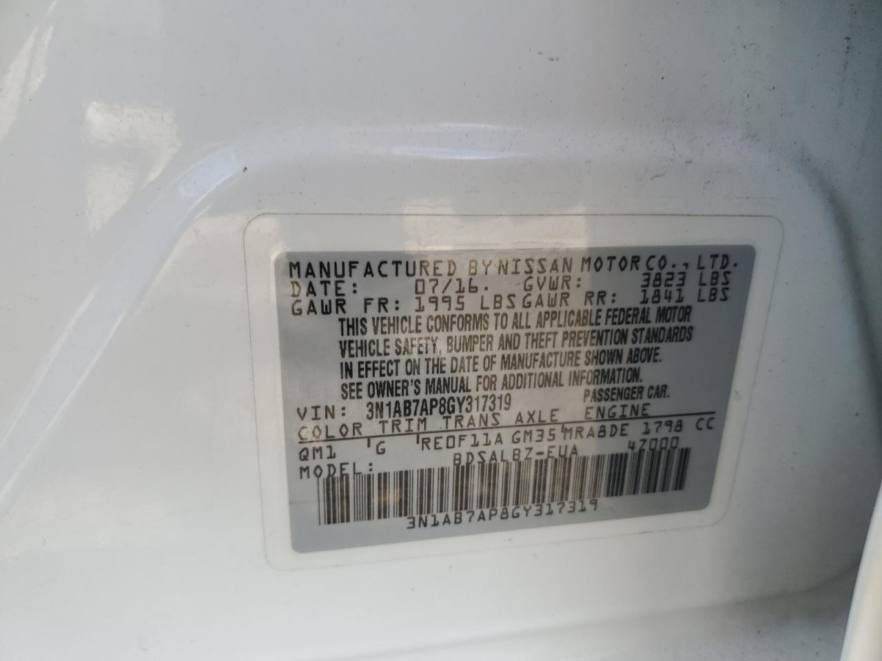 2016 Nissan Sentra S VIN: 3N1AB7AP8GY317319 Lot: 68728285