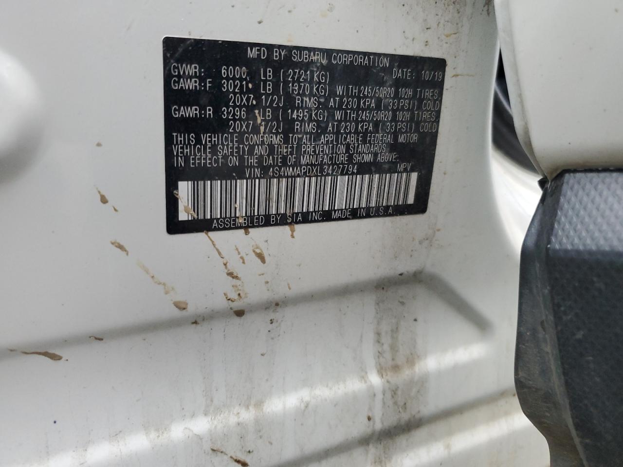 2020 Subaru Ascent Limited VIN: 4S4WMAPDXL3427794 Lot: 69695195