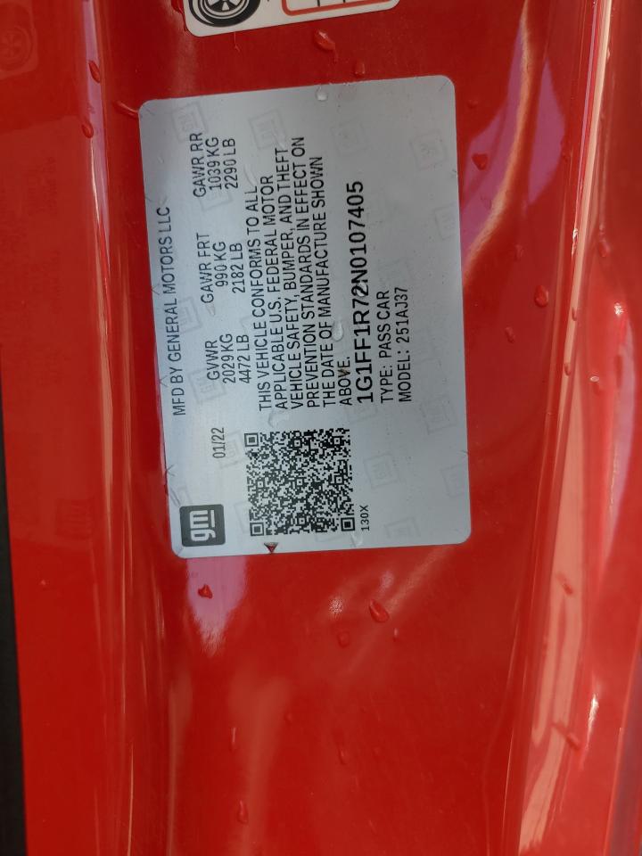 2022 Chevrolet Camaro Lt1 VIN: 1G1FF1R72N0107405 Lot: 67481505