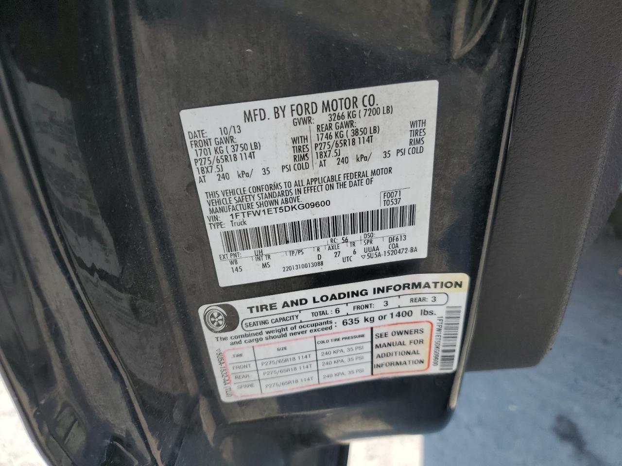 2013 Ford F150 Supercrew VIN: 1FTFW1ET5DKG09600 Lot: 70509265