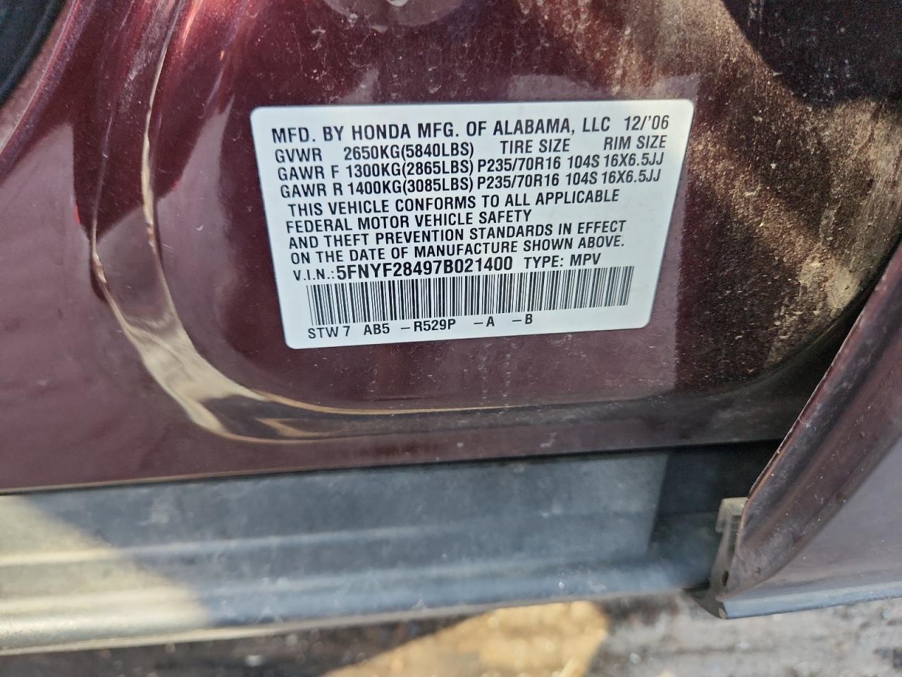 2007 Honda Pilot Ex VIN: 5FNYF28497B021400 Lot: 67851185