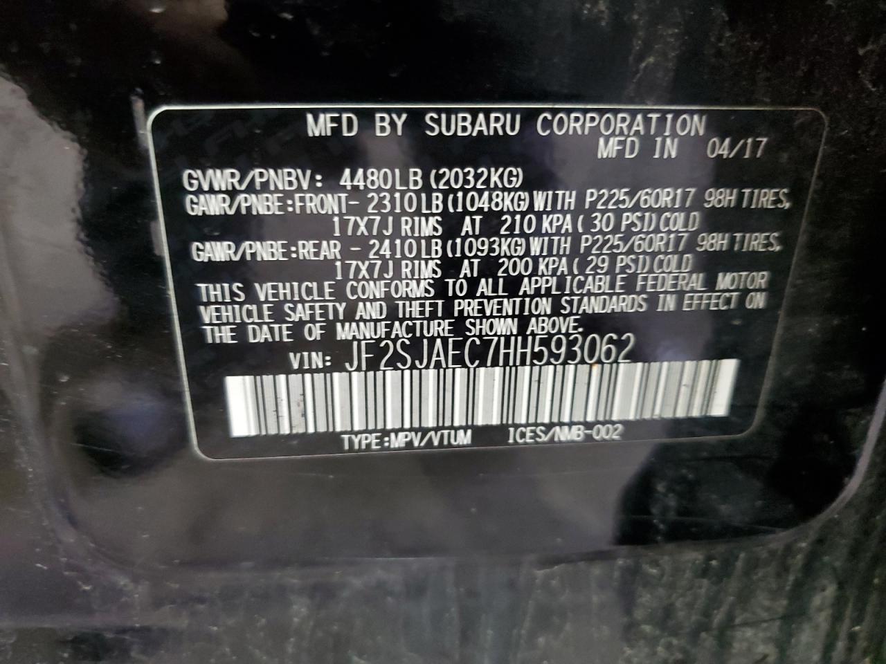 2017 Subaru Forester 2.5I Premium VIN: JF2SJAEC7HH593062 Lot: 68944845