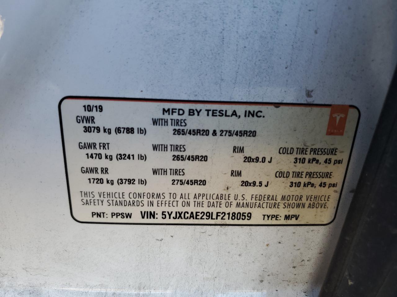 5YJXCAE29LF218059 2020 Tesla Model X