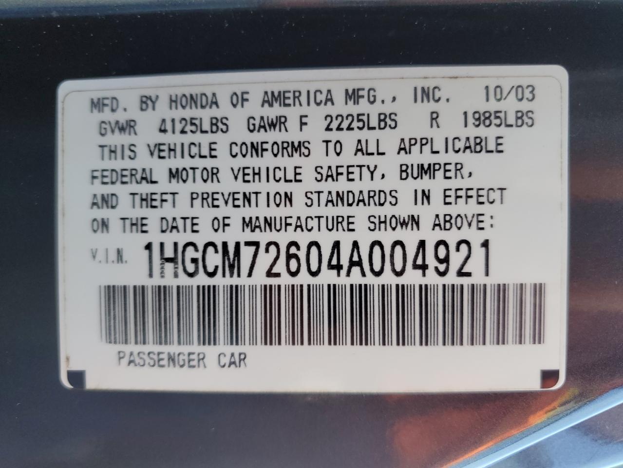 2004 Honda Accord Ex VIN: 1HGCM72604A004921 Lot: 69751655